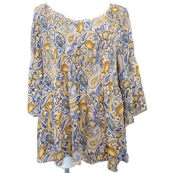 Ninety Clothing Co PLUS 1X Blue Mustard Paisley Bell Sleeve Boho Blouse Tunic - Picture 1 of 8